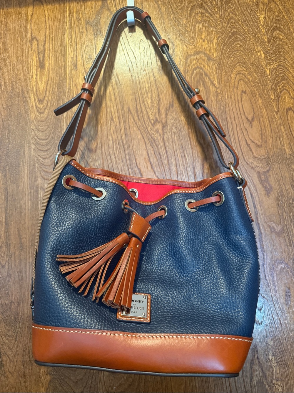 Dooney & Bourke Navy, Brown and Red Pebble Leather Tassel Bag, pre loved gently